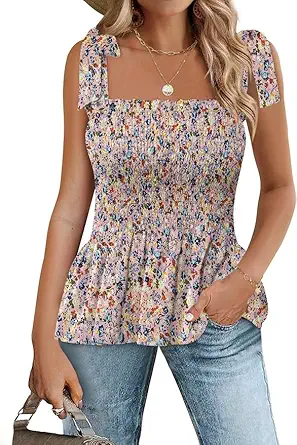 Micoson Ruffle Tank Tops for Women Summer Square Neck Sleeveless Tops Tie Shoulder Chiffon Blouse Babydoll Shirts
