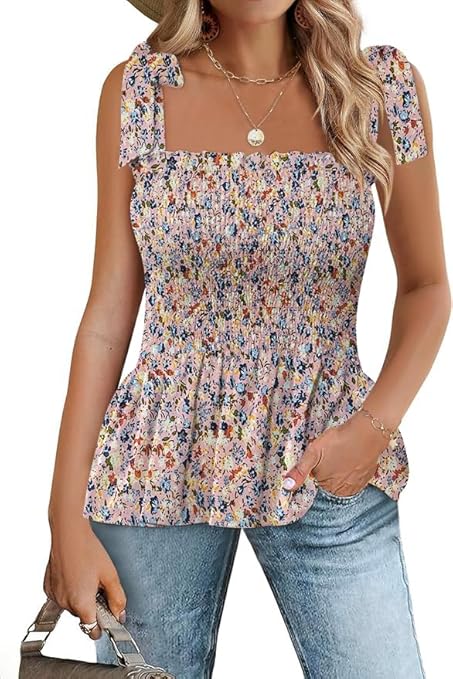 Micoson Ruffle Tank Tops for Women Summer Square Neck Sleeveless Tops Tie Shoulder Chiffon Blouse Babydoll Shirts
