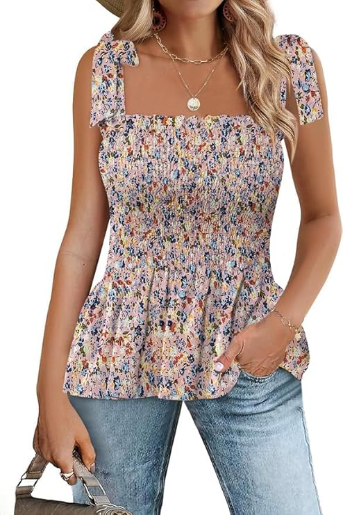 Micoson Ruffle Tank Tops for Women Summer Square Neck Sleeveless Tops Tie Shoulder Chiffon Blouse Babydoll Shirts