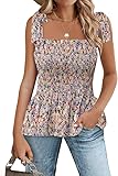 Micoson Ruffle Tank Top for Women Summer Tops 2024 Trendy Floral Strap Tops Tie Shoulder Ruffle Hem Flora Pink L