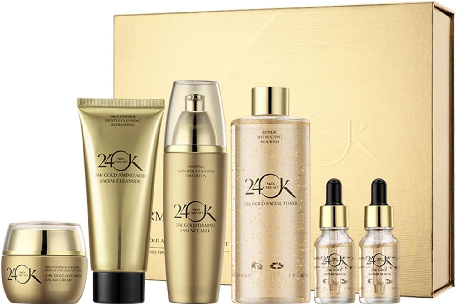 24K Gold Skincare Essentials Set – Essence Milk, Face wash, Toner, Firming Serum Duo, Revitalizing Face Cream, Comprehensive Care for Dry, Oily, Sagging, Large-Pored, Dull, and Sensitive Skin Types