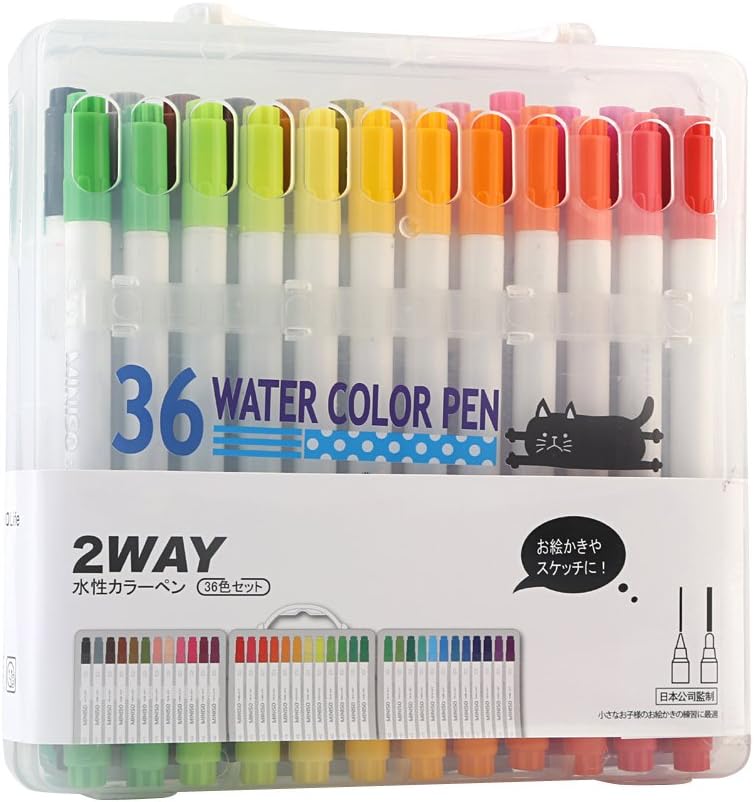 Japan Chain Store Produce 36 Pack Dual Tip Watercolor Brush Pen Set- Brush Tip & Fine Tip, All Levels of Experience, Blending, Shading, Calligraphy, Drawing, Rich, Vibrant Colors