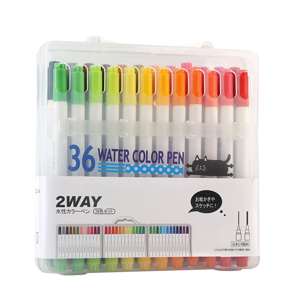 Japan Chain Store Produce 36 Pack Dual Tip Watercolor Brush Pen Set- Brush Tip & Fine Tip, All Levels of Experience, Blending, Shading, Calligraphy, Drawing, Rich, Vibrant Colors