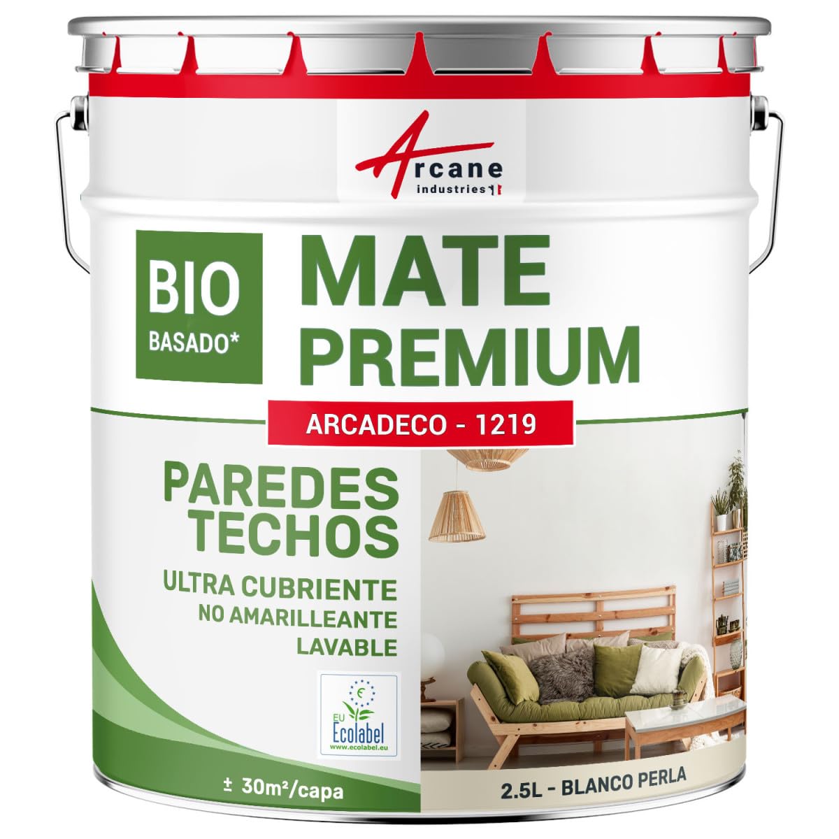 ARCANE INDUSTRIES Pintura mate para paredes y techos interiores - ARCADECO - 1219-2.5 L (+ o - 30m² por capa) Blanco Perla - RAL 1013