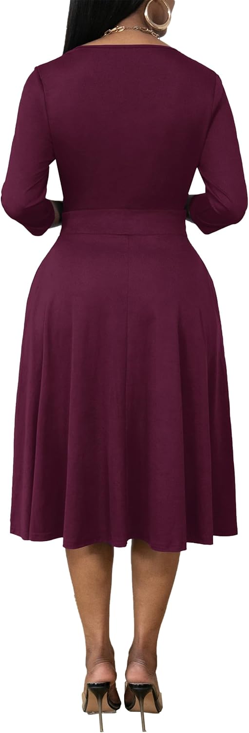 Nmoder Women's Wrap Dress Cocktail Church Wedding Midi Dress A-Line V Neck 3/4 Sleeve Casual Dresses with Pockets - Image 4