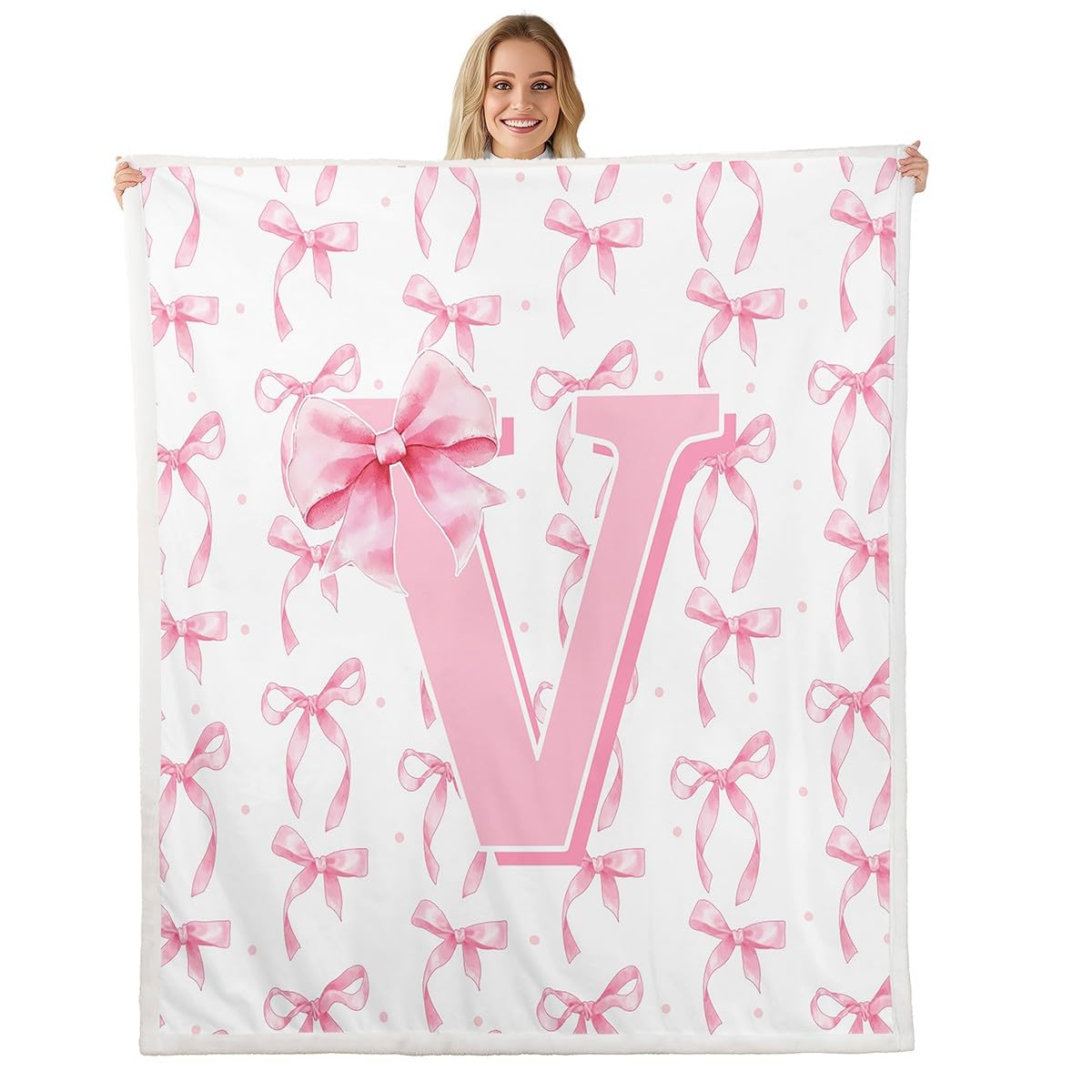 Erosebridal Pink and White Bow Blanket Throw,Initial Letter V Blankets for Girls Kids Teen,Pink Ribbon Bows Fleece Blanket 50"x60",Princess Bowknot Sherpa Fuzzy Throw Bedroom Room Decor