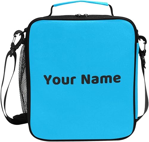 Lonchera con nombre personalizado para niños, azul cielo profundo, enfriador, aislada, para niños y niñas, bolsa de almuerzo con correa para el