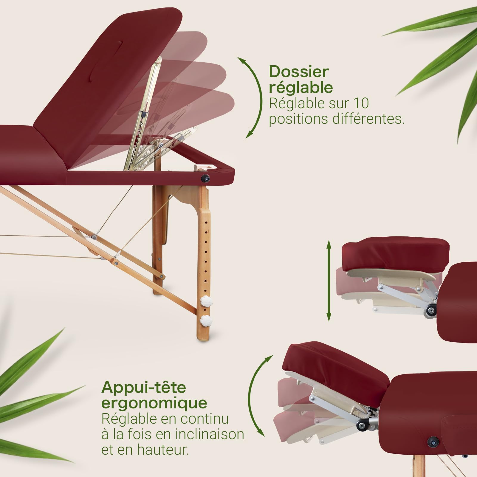 MASSUNDA All INKL Chaise de Massage Pliante et réglable en Hauteur – Table de Massage Mobile en Bois Massif avec Housse en éponge, accoudoirs et dossiers, appuie-tête Ergonomique (Bordeaux)
