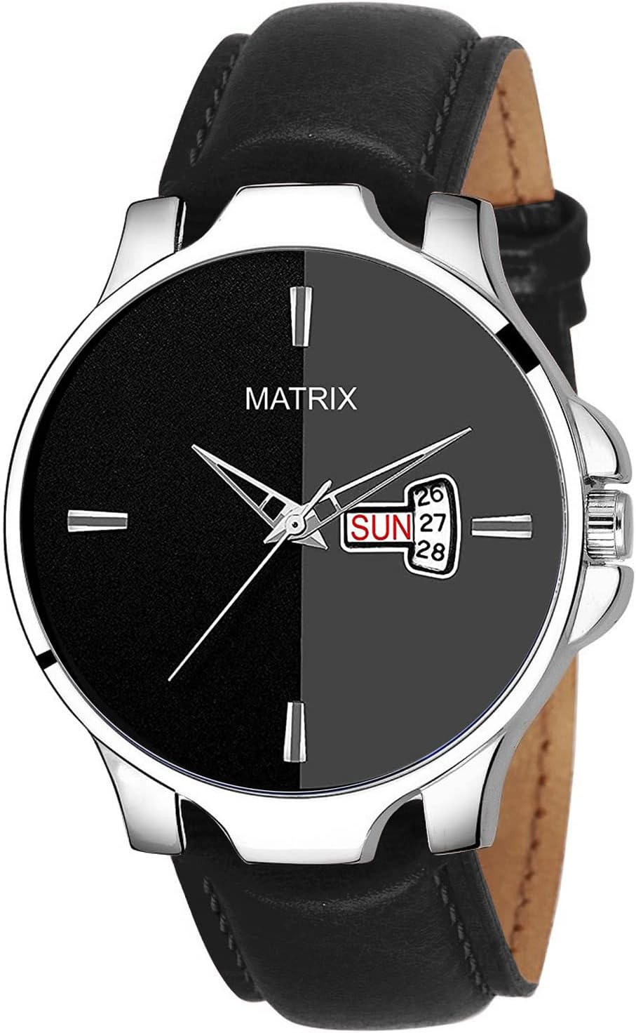 MatrixMen Leather Majestic Collection Day & Date Analogue Wrist Watch & Boys (White), Band Color-Black,Dial Color-Black