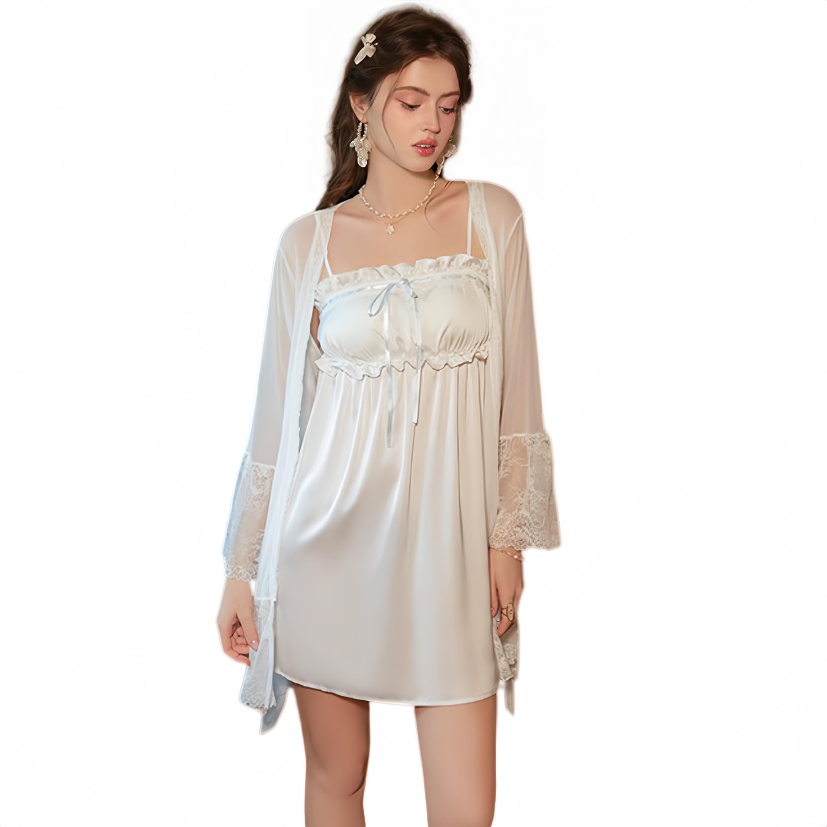 Kimono Sexy Conjunto De Vestido Lencero/Bata De Encaje con Lazo Plisado De Seda Helada