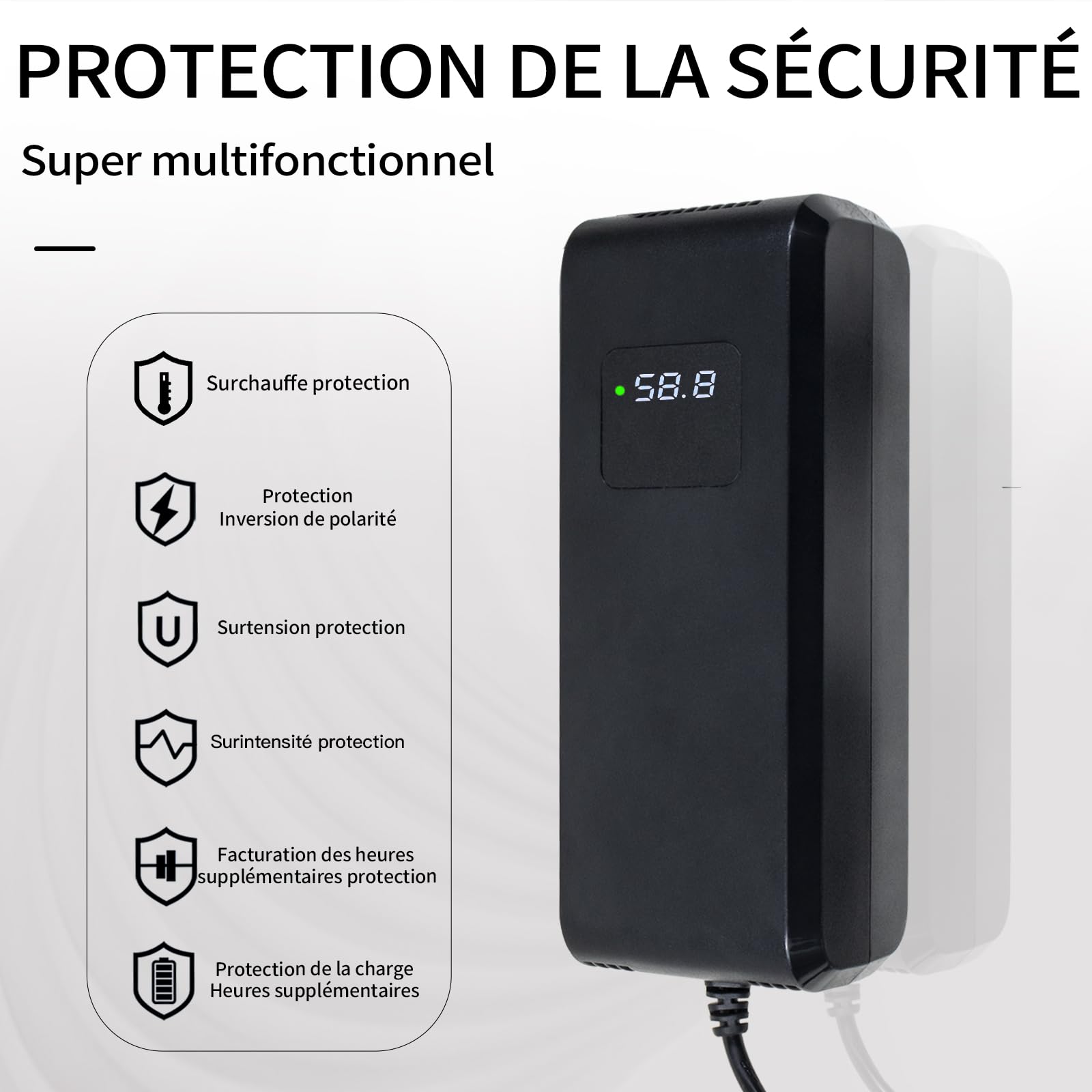 Chargeur Batterie 58.8V 4A, pour Batterie Lithium 52V 48V, avec Affichage LED et Multiples Fonctions de Protection et de réparation, équipé de connecteurs GX16 12mm
