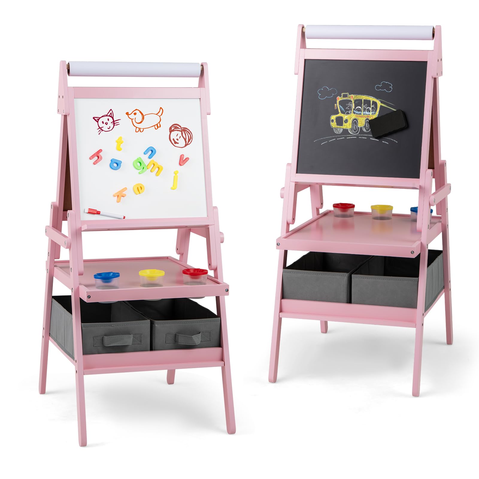 Caballete Con Estantes 3 Macetas 2 Cajones GOPLUS Tablero De Pintura Infantil Doble Cara 3 En 1, Con Pizarra Blanca Negra Y Rodillo Para Papel De Madera Con Estante, 3 Caballete Infantil