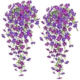 Der Rose Artificial Hanging Flowers for Outdoors 2 PCS UV Resistant Fake Hanging Plants for Spring Decoration, Realistic Silk Flowers with Trailing Vines for Porch Patio Balcony Fence Garden Decor