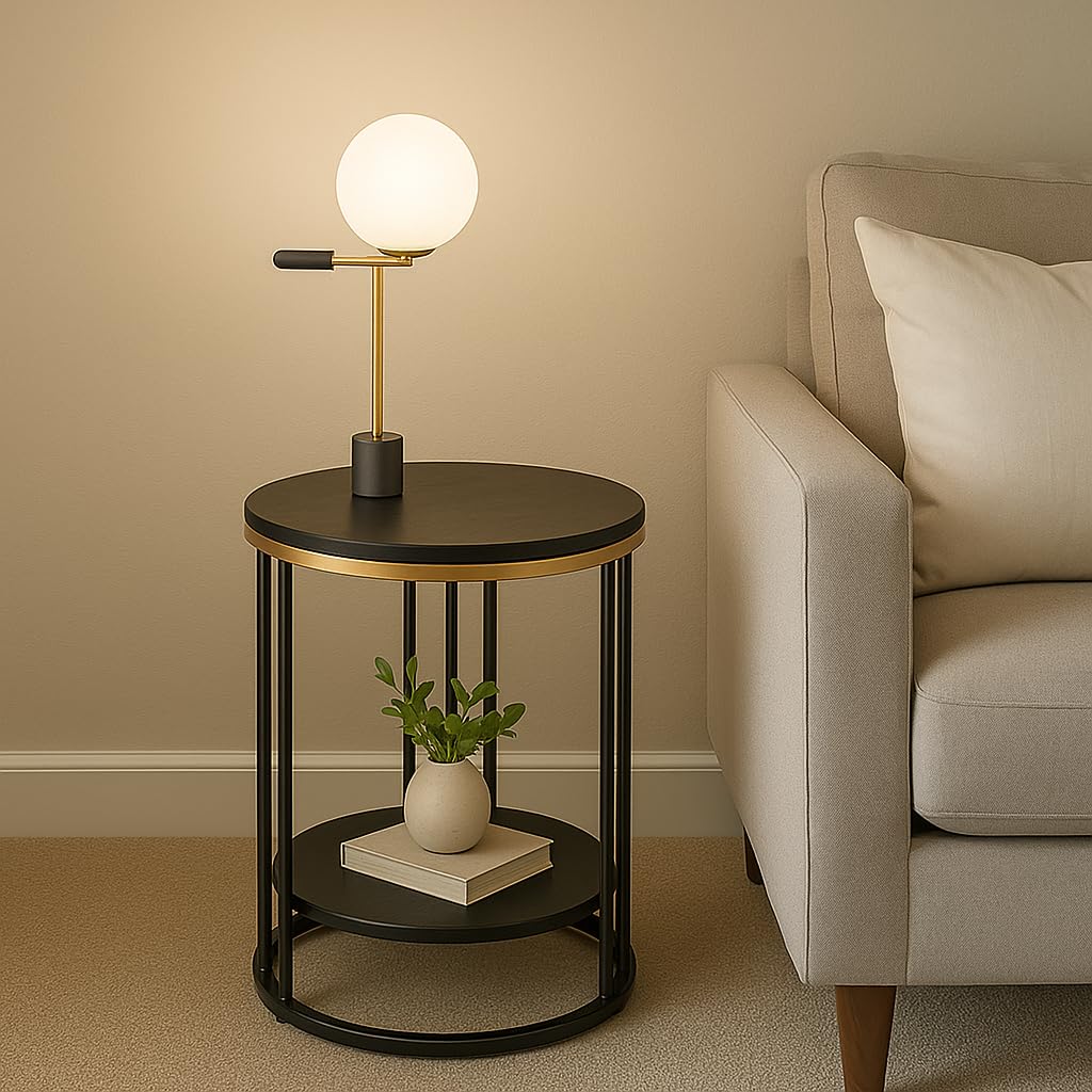 TrendAtoZ Metal Coffee Table, Round Side Table with 2-Tier Storage | Multifunctional Marble Accent End Table or Sofa Side Table for Living Room, Bedroom, or Apartments (Black)