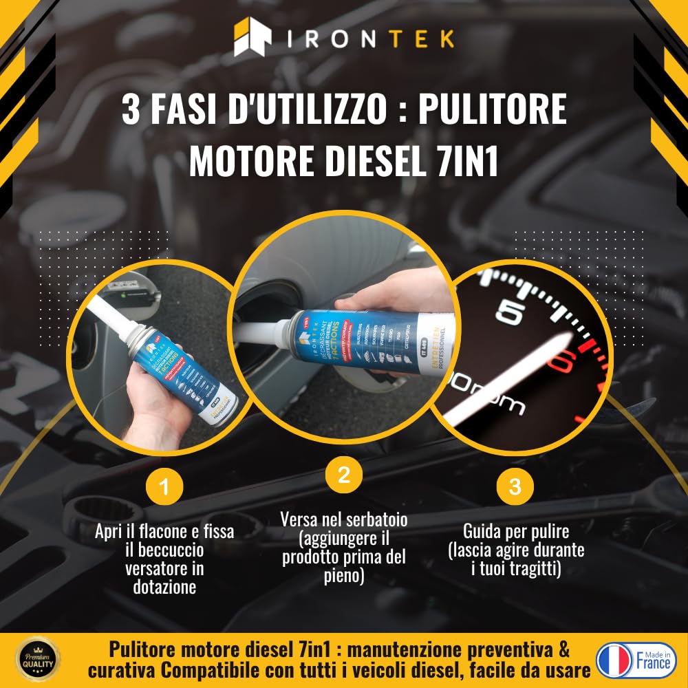 Pulitore 7in1 Motore Diesel - IRONTEK - 375ml | IT405 | 7 Azioni | Rigenerazione FAP Turbo EGR Iniettori | Formula Concentrata Preventiva e Curativa