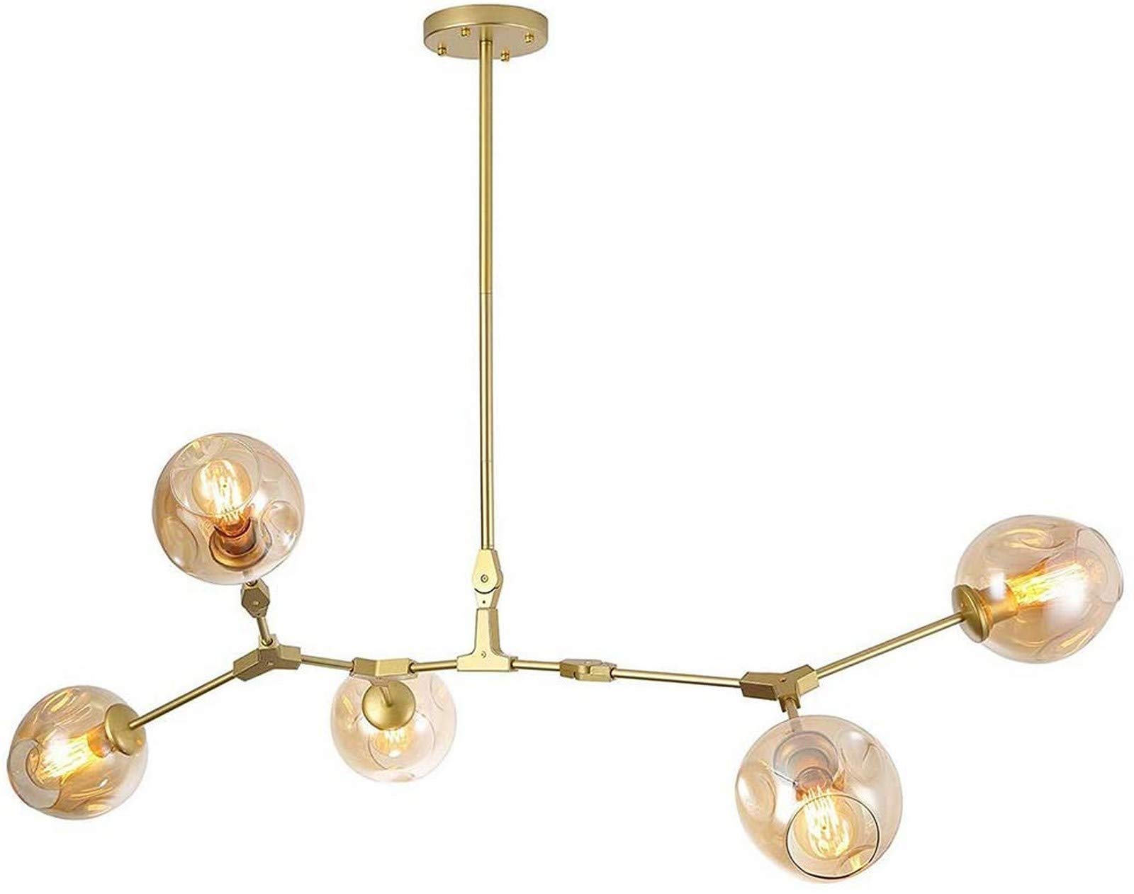 KXEcoLife Chandelier Ceiling Light Modern E27 Mid Century Handblown Glass Lamp For Dining Room Kitchen Branches During Lighting-Amber lampshade 5 head Home Decor
