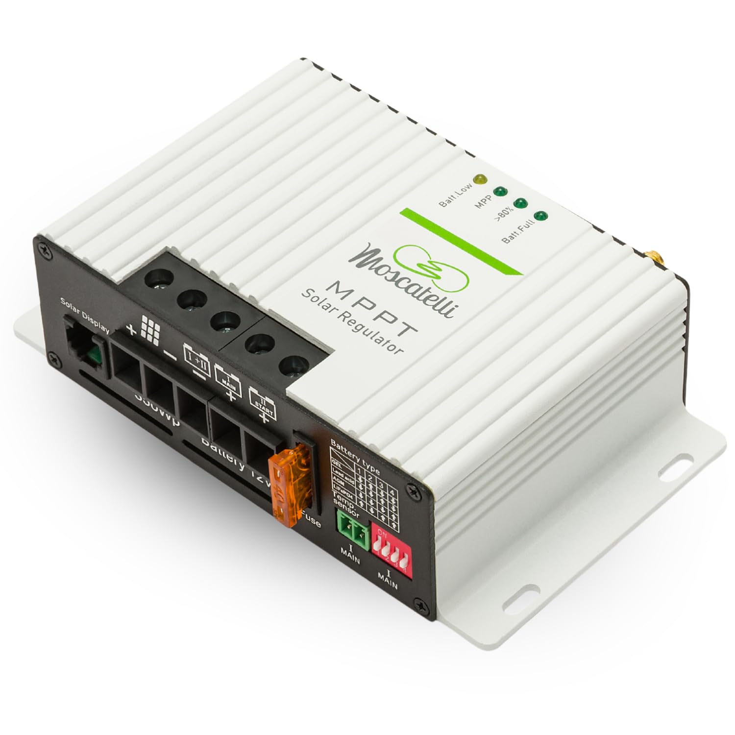 Regolatore di Carica MPPT 25A 12V per Pannello Solare 350Wp con Bluetooth – Gestione 2 Batterie Servizi + Motore – Compatibile AGM, Pb, LiFePO₄ – Fusibile Esterno e Protezioni – MOSCATELLI