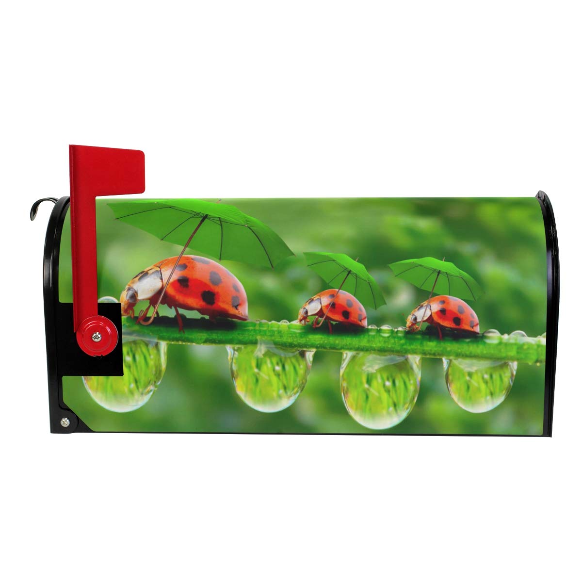 WOOR Funny Ladybug Holding Umbrellas on Green Background Magnetic Mailbox Cover MailWraps Garden Yard Home Decor for Outside Standard Size-18