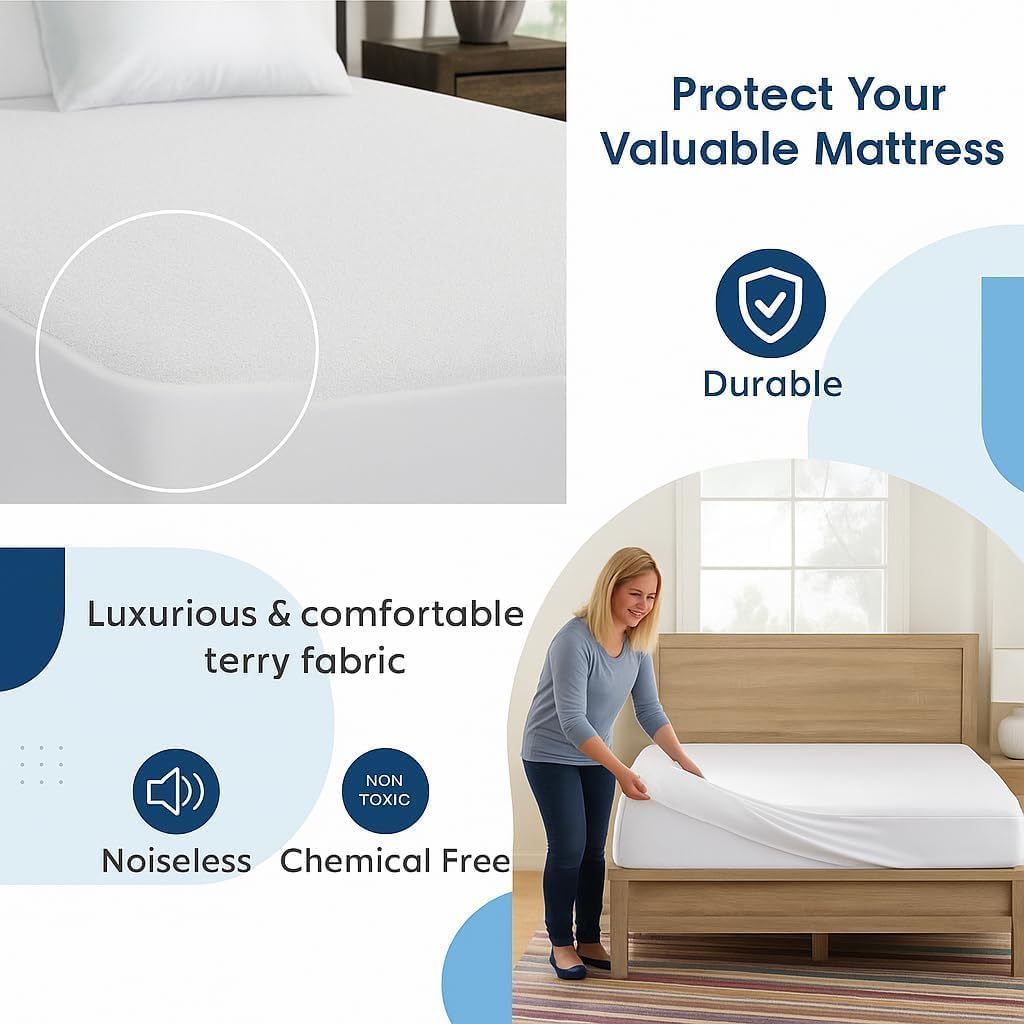 100% Waterproof Split Top King Mattress Protector, Premium Fitted Cotton Terry Cover for Adjustable Bed with Upper Flex 32" from Head
