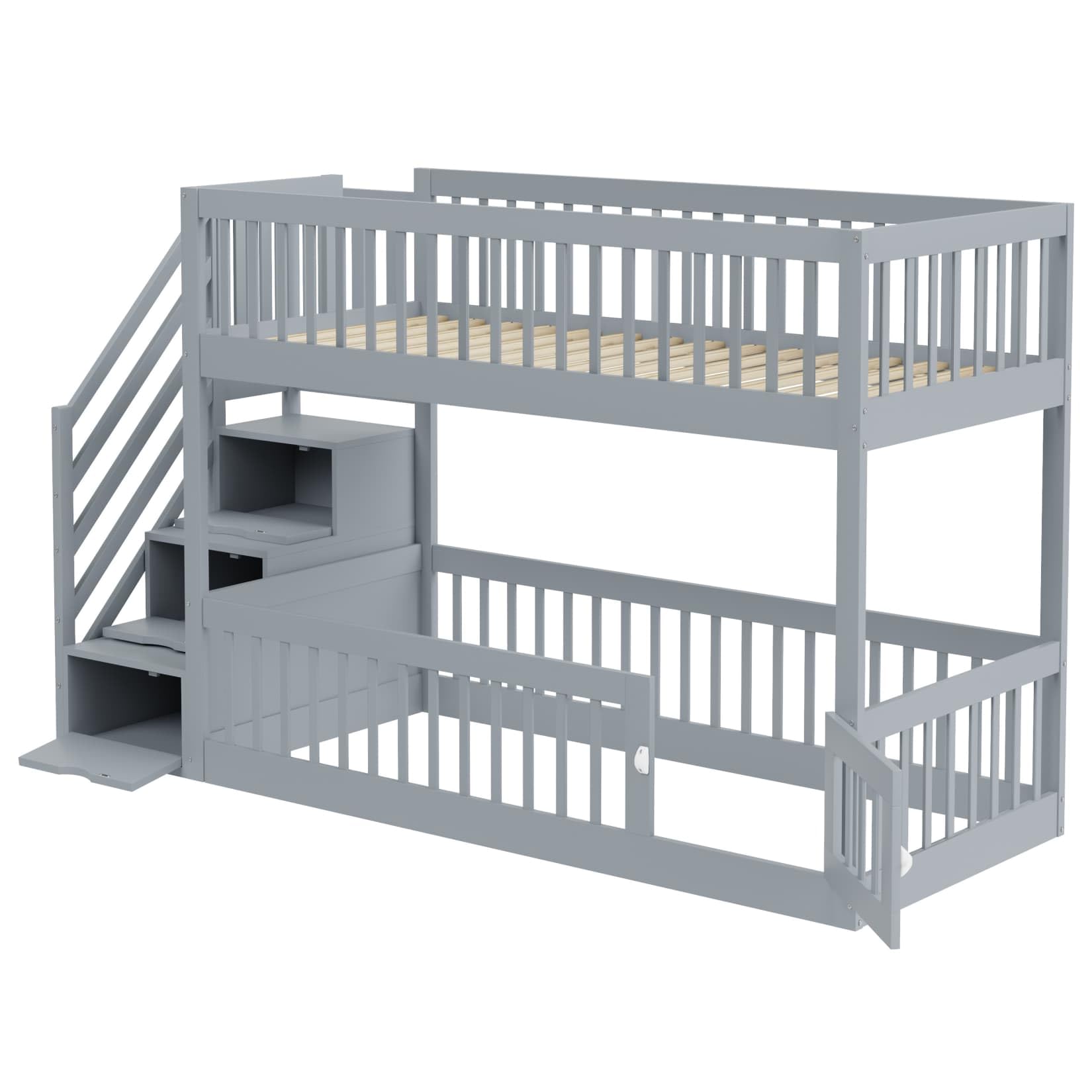 PUGSDRLY Lit Superposé Enfant 90x200cm en Bois avec échelle Rangement,Lit Mezzanine 2 Places avec Sommier à Lattes,Barrière de Sécurité Haute,pour Enfant et Adolescent,sans Matelas (Gris-90)
