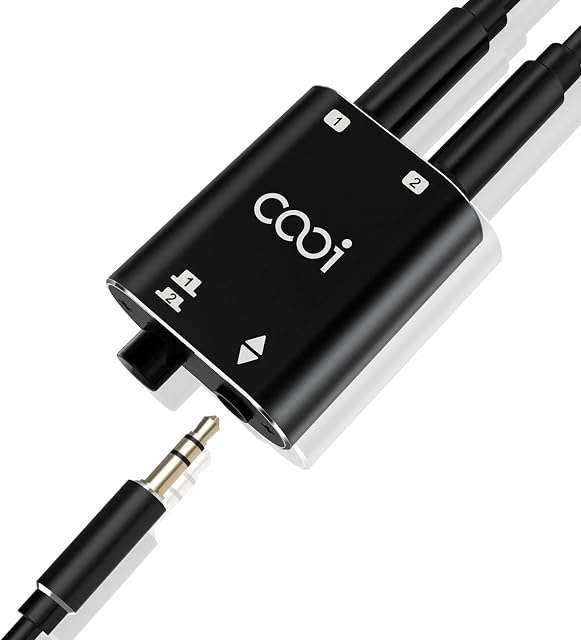 cooidea Przełącznik audio stereo 3,5 mm obsługuje 1 w 2 wyjście lub 2 w 1 wyjście z kablem audio 3,5 mm, 2 porty AUX wybór głośników audio do komputera komórkowego, laptopa słuchawek