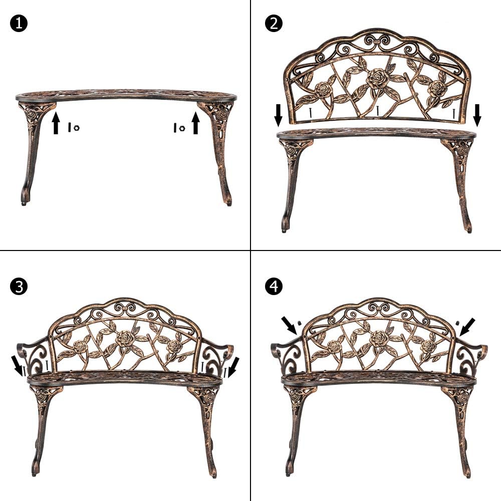 VINGLI 38.5" Patio Park Garden Outdoor Metal Rose Bench,Cast Iron Cast Aluminium Frame Antique Finish Chair,Accented Lawn Front Porch Path Yard Bronze Decor Deck Furniture for 2 Person Seat : Patio, Lawn & Garden