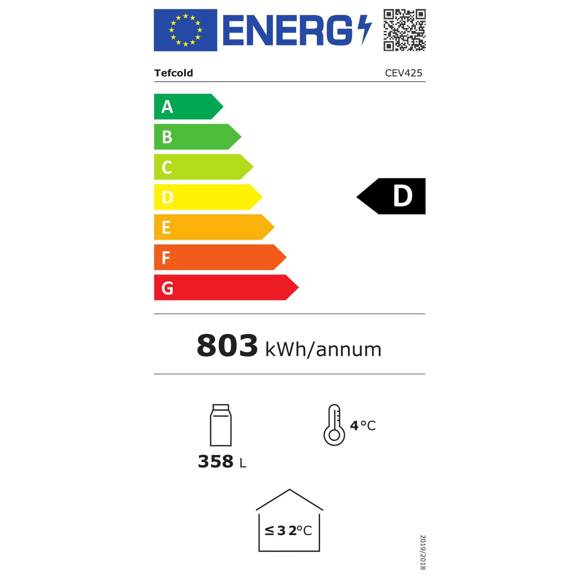 Tefcold CEV425 1 LED Frigorífico para Bebidas, Volumen Bruto 372 L, Nevera Expositora, Frigorífico con Puerta de Cristal, Rango de Temperatura 2 a 10 °C, Luz Interior LED dentro del Marco de Puerta