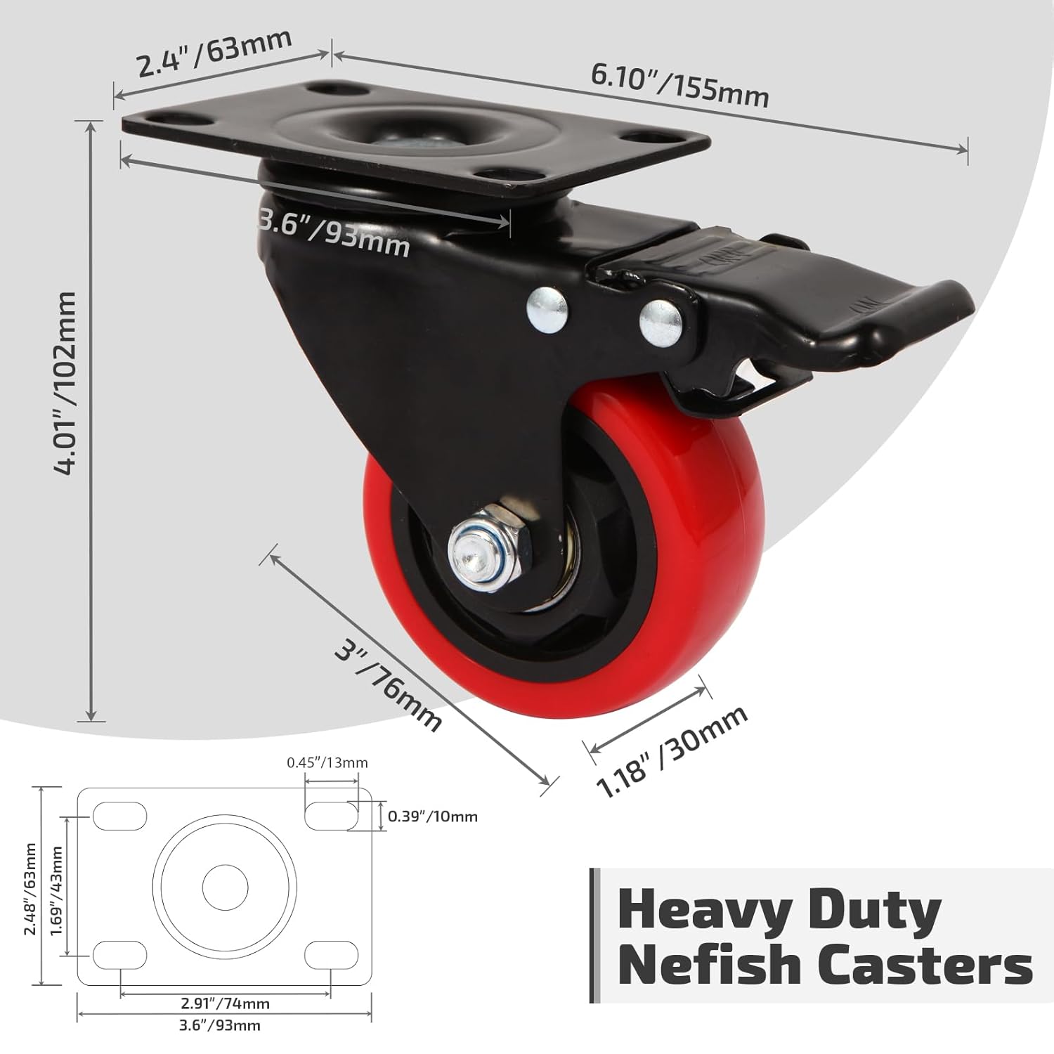 Nefish 3 Inch Heavy Duty Casters Wheels (8 Pack), Top Plate Castor Wheels with Brake, 360 Degree Durable Locking Furniture Swivel Cart Wheels, No Noise Polyurethane Wheels for Cabinet, Workbench