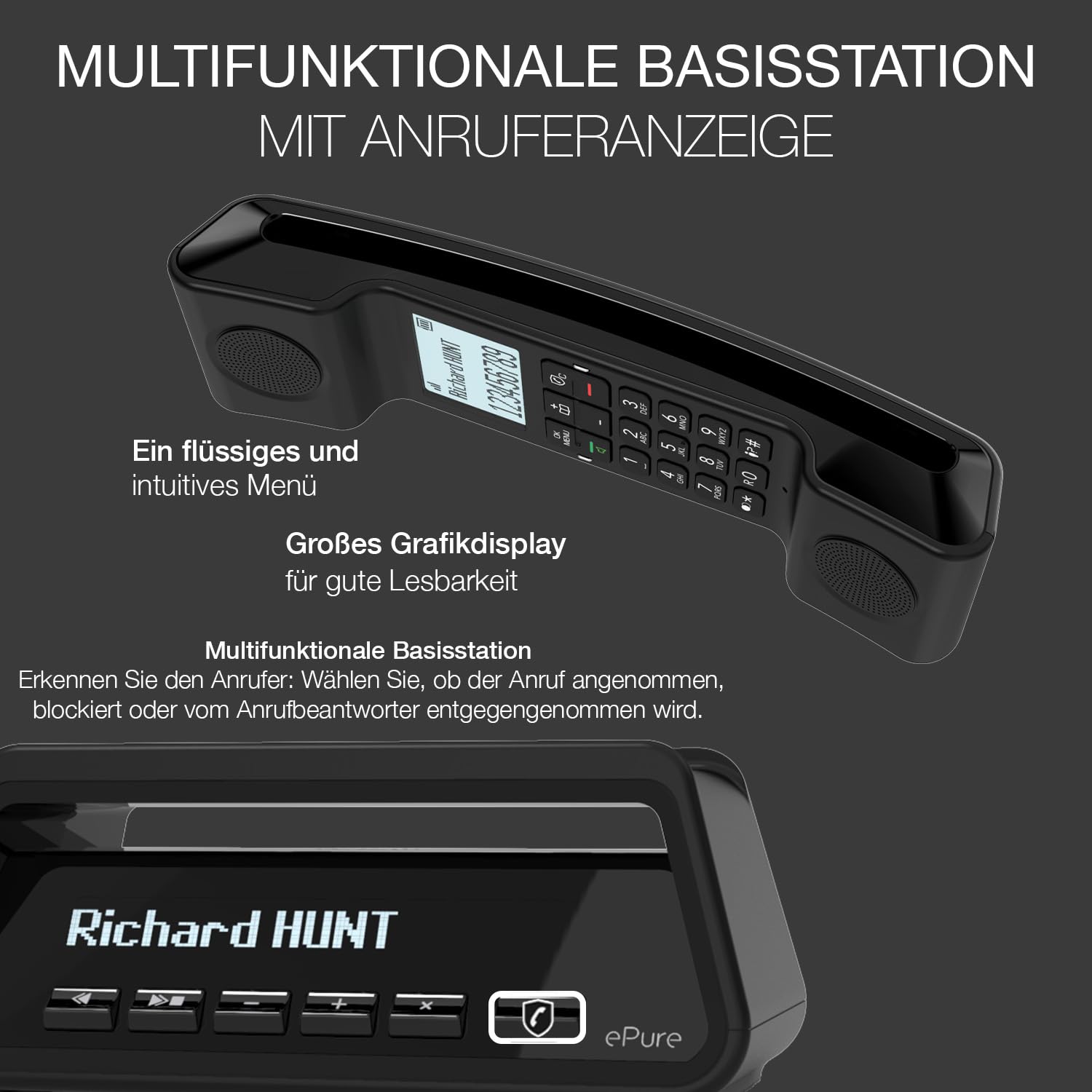 ALCATEL ePure Premium - Schnurloses Festnetztelefon DECT mit Anrufbeantworter - Vintage-Design - Basis mit smarter Anzeige - Grafikdisplay - Freisprechfunktion - Anrufblockierungsfunktion - Schwarz