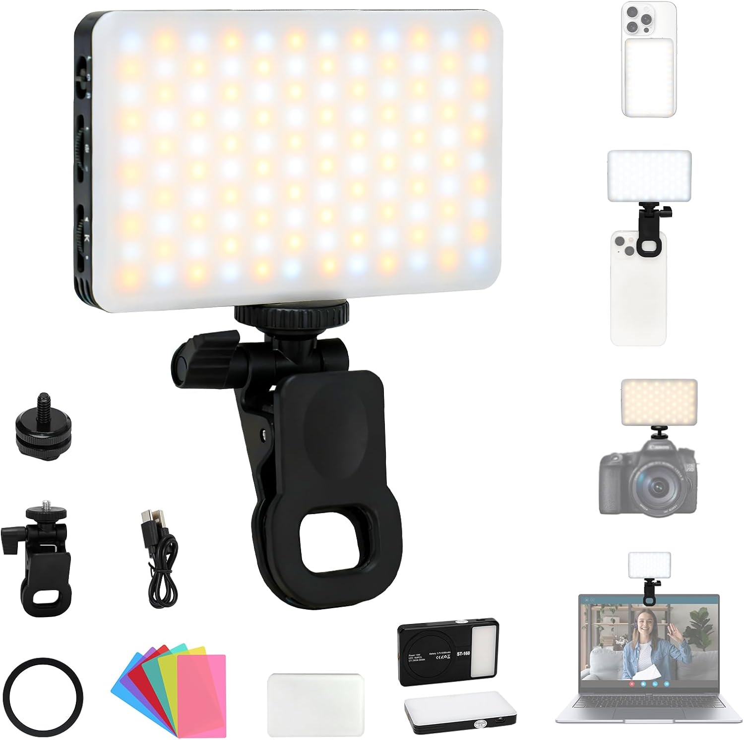 Selfie Light for Phone, with Clip and Camera Tripod Adapter, 160PCS LED Selfie Phone Light, Rechargeable 3000mAh for Cell Phone iPhone Webcam Laptop Photo Makeup