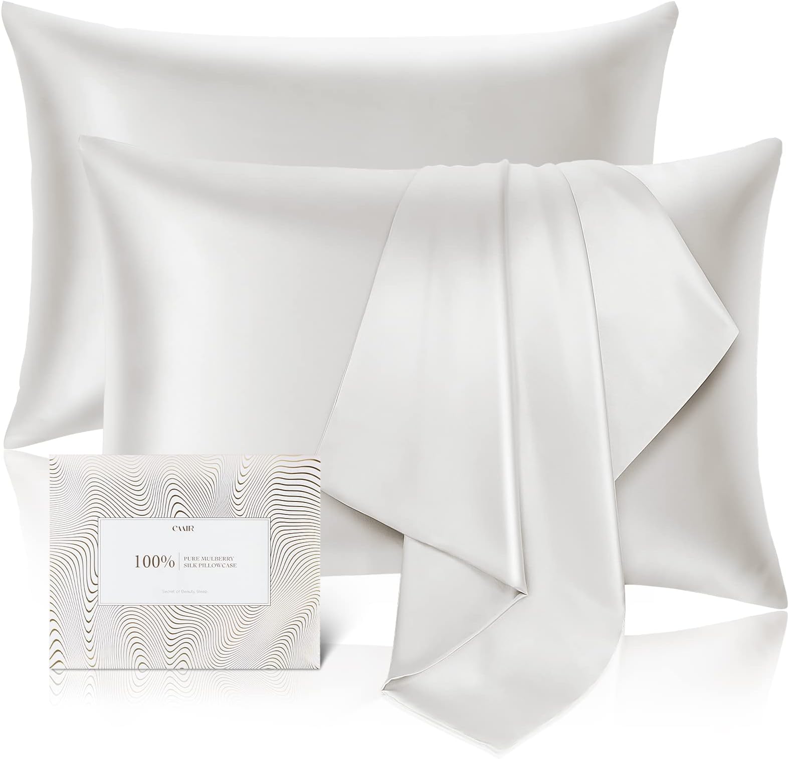 100% Pure Mulberry Silk Pillowcase for Hair and Skin - Allergen Resistant Dual Sides,600 Thread Count Silk Bed Pillow Cases with Hidden Zipper,2pc,Standard Size,White