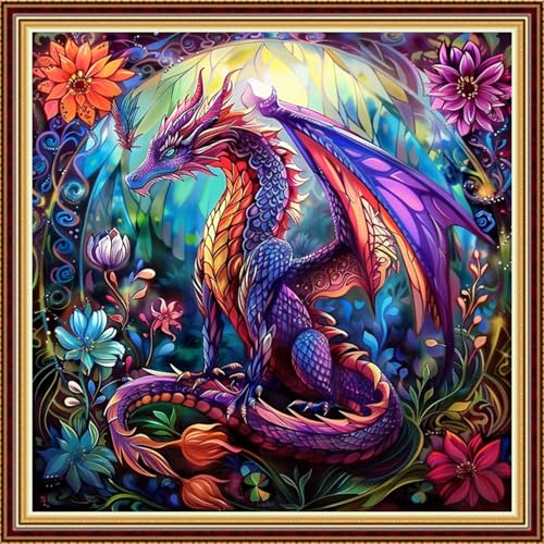 Image of Fanxvivy Stamped Counted Cross Stitch Kits for Adults Printed Cross-Stitch Patterns 11CT Stamped or Counted Cross Stitching Embroidery Kit Needlepoint Kits-Flower Colored Dragon 18x18 inch