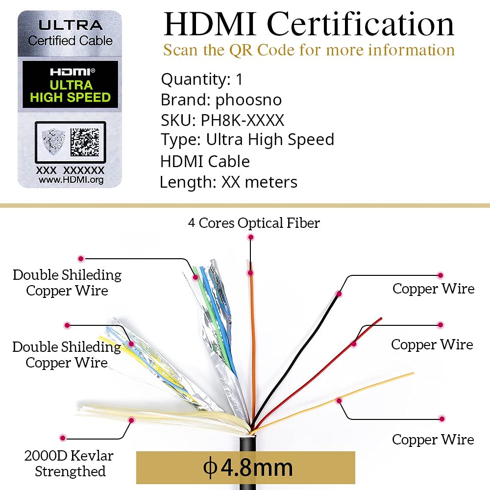 phoossno Cable HDMI 2.1 de fibra óptica 8K certificado Gen2 Ultra alta velocidad HDMI 48 Gbps 33 pies 10 m HDR eARC HDCP2.2 2.3 Soporte 4K 120Hz 8K60Hz Compatible con PS5 Xbox RTX3080/3090/LG C9/B9