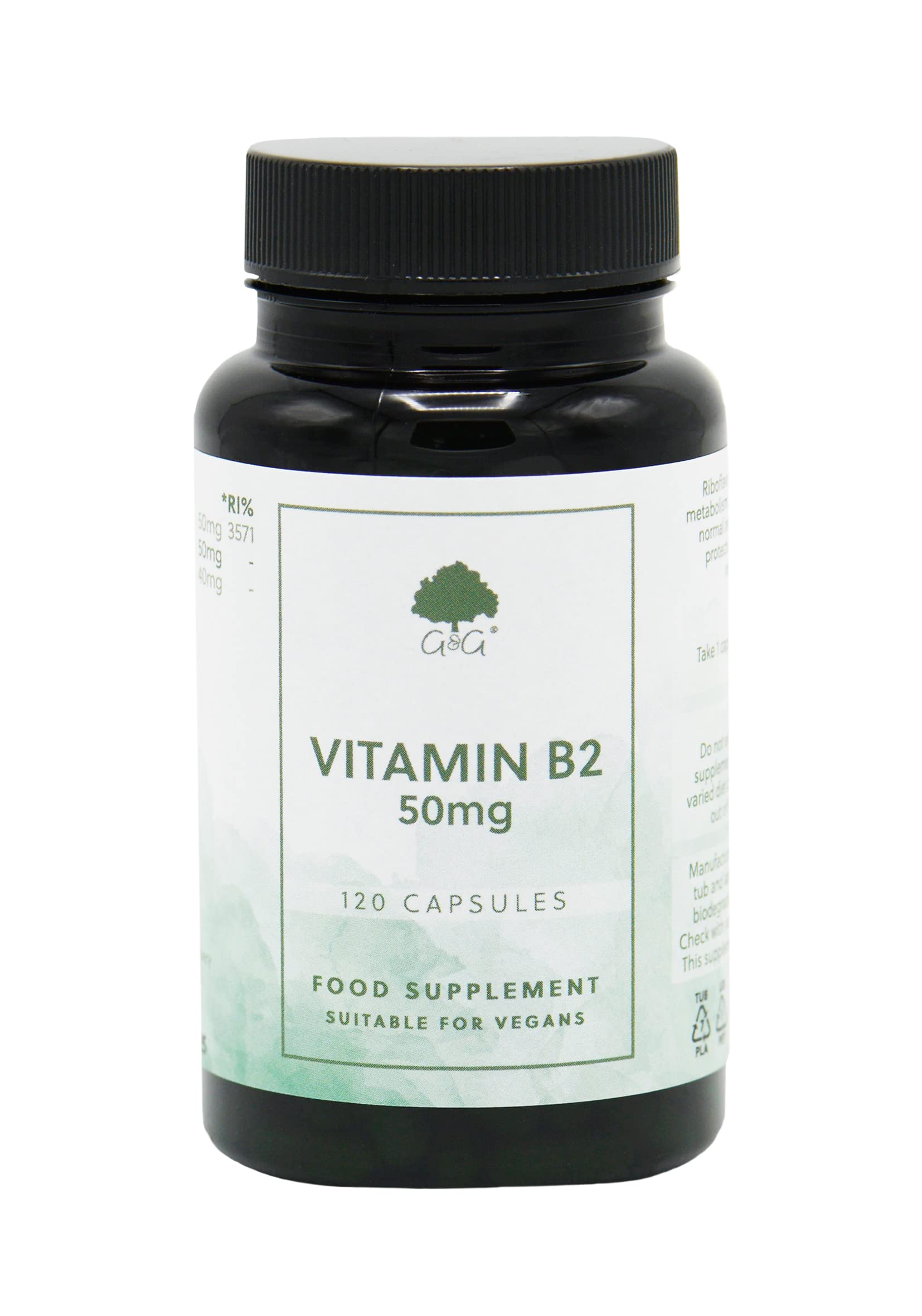 Vitamin B2 Riboflavin Capsules | 50mg Vitamin B2 per Capsule | 120 Vegan Capsules | G&G Vitamins