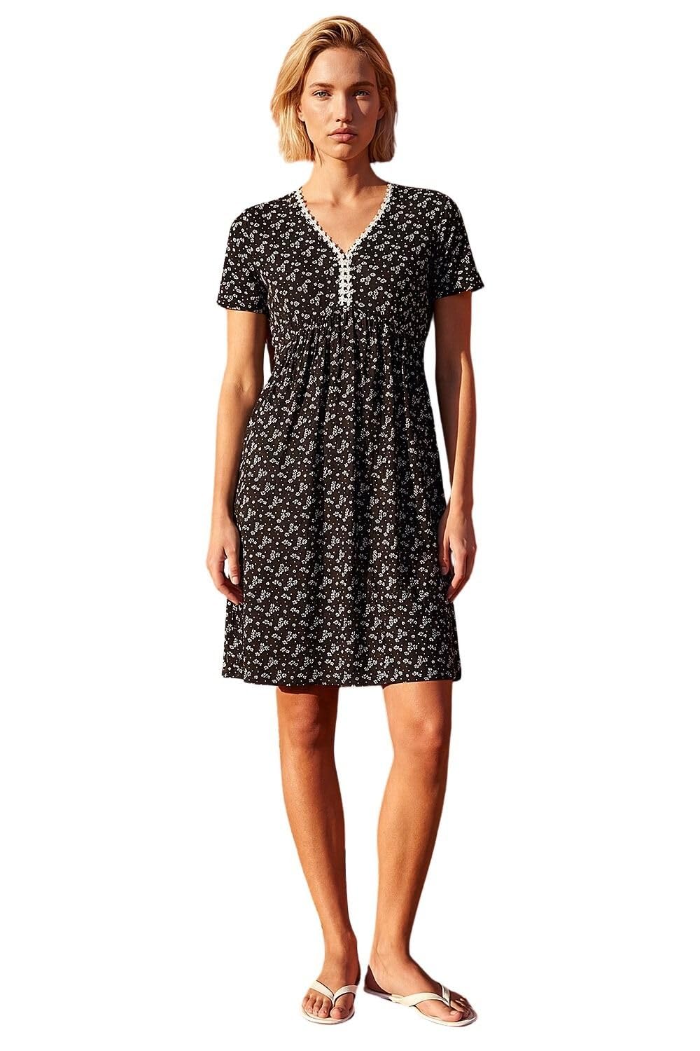 Roman Originals Women's Noir Ivory Ditsy Floral Print Trim Dress For Uk - Everyday Holiday Spring Summer V-Neckline Comfy Soft Evening Vacation Work Party - Size 20