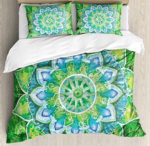 Best Promo Ambesonne Mandala Duvet Cover Set, Grand Mandala with Leaf Forms of Nature and Theme Green Boho Style Print, Decorative 3 Piece Bedding Set with 2 Pillow Shams, Queen Size, Blue Green