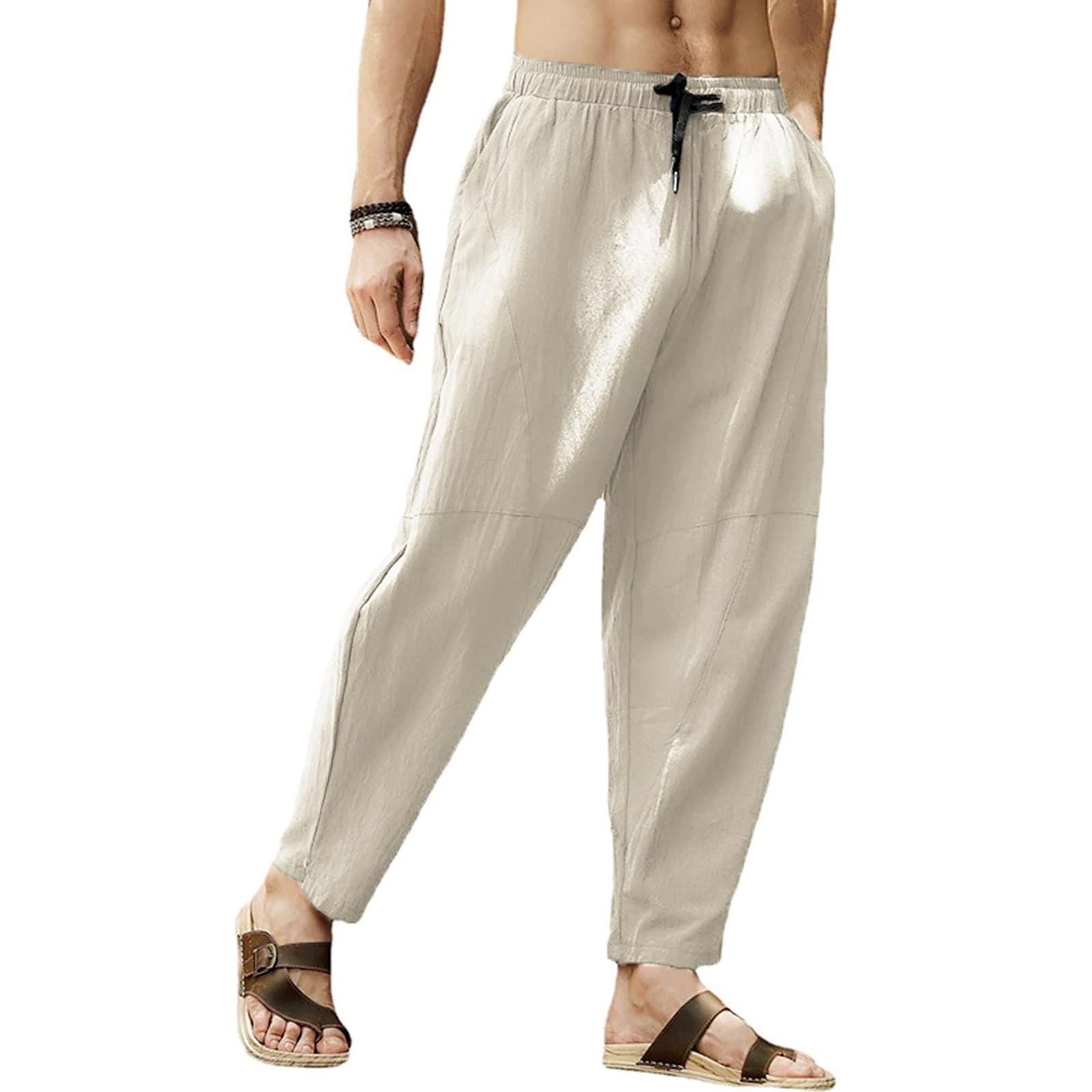 Cooleep Pantaloni Lino Uomo Estivi Casual Pantaloni Elasticizzati Leggeri da Yoga Spiaggia