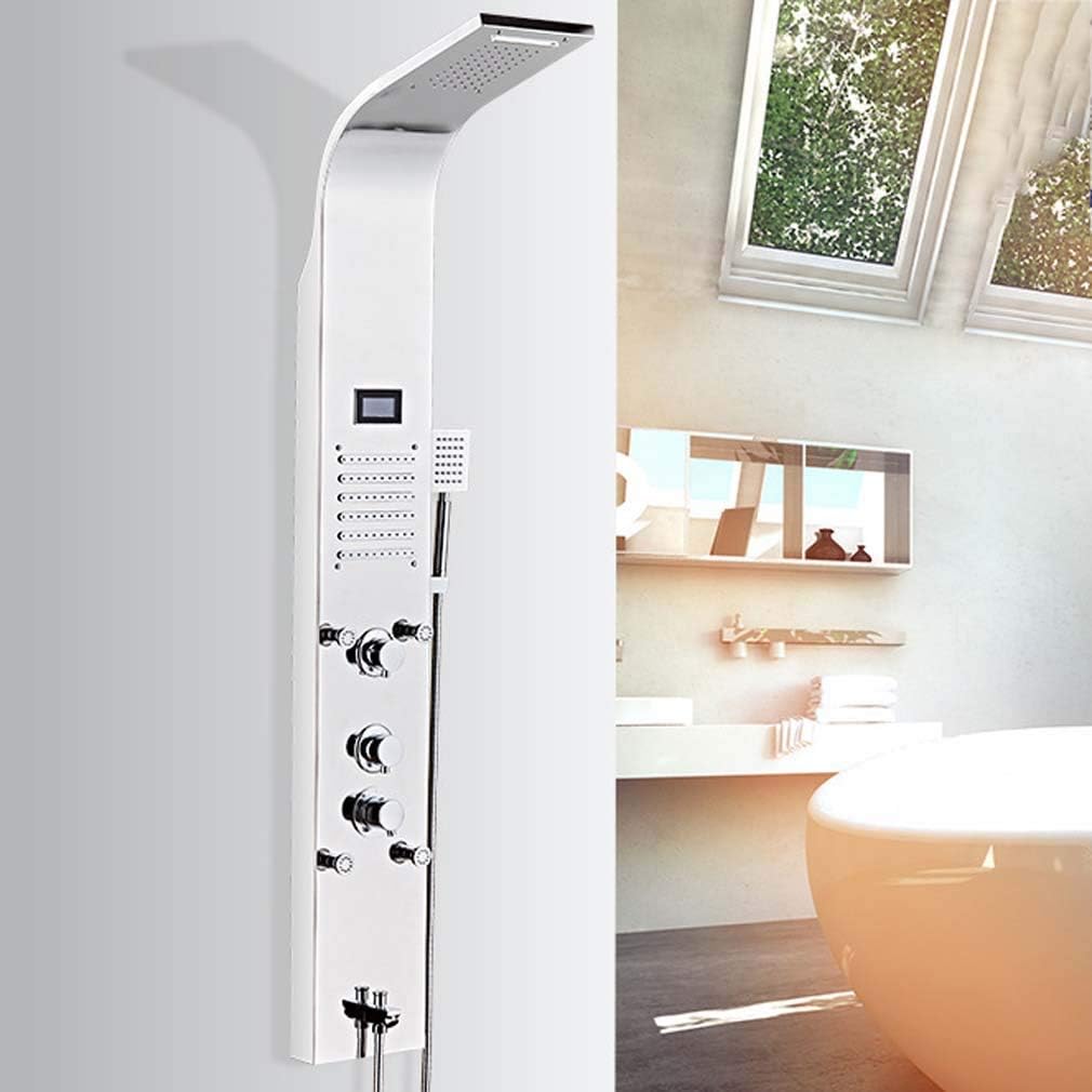 Shower System Thermostatic Waterfall Rainfall Shower Panel Tower Shower Column Hand Shower Body Massage Jets Shower Set Tap 6 Functions Temperature Display Shower,Mirror,7functions