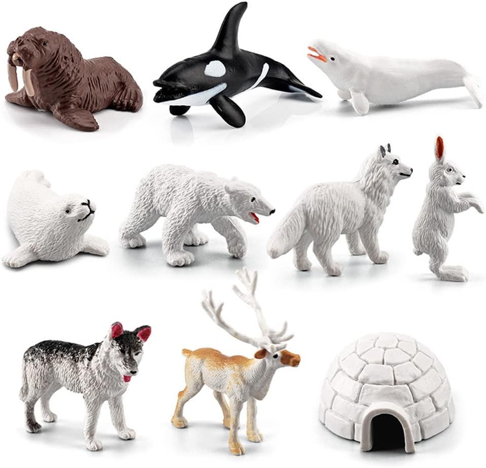 Mini Arctic Animals Toys Set 10PCS Polar Animal Figurines Toy Play setIncludes Polar Bear Seal Reindeer Wolf Rabbit Arctic Fox Igloo for ToddlersBirthdayGift