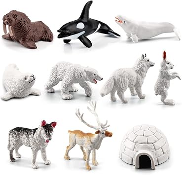 NatureMan Mini Arctic Animals Toys Set 10PCS Polar Animal Figurines Toy PlaysetIncludes Polar Bear Seal Reindeer Wolf Rabbit Arctic Fox Igloo for Toddlers Birthday Gift