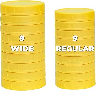 18 Pack 9 Wide Mouth & 9 Regular Mouth Mason Jar Lids with Silicone Rings,Thickened Leak-proof Lids Fit Ball,Kerr and More, Yellow Plastic Lids, 86mm & 70mm Plastic Mason Jar Lids(Yellow)