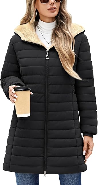 Womens Puffer Jacket with Hood, Lightweight Winter Quilted Jacket Outwear Down Coat Long Sleeve with Fleece Lining
