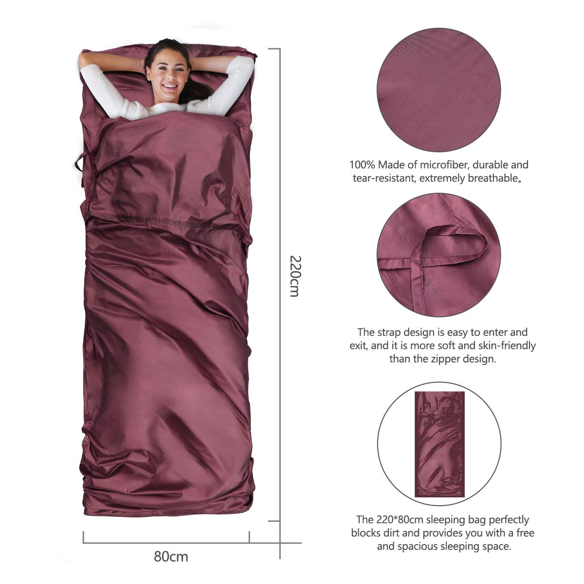 Drap de Sac de Couchage, Sac a Viande Couchage Douce avec Poche d'oreiller, Drap de Sac Ultraléger et Portable pour Hôtels, Randonnée, Camping (Bordeaux)