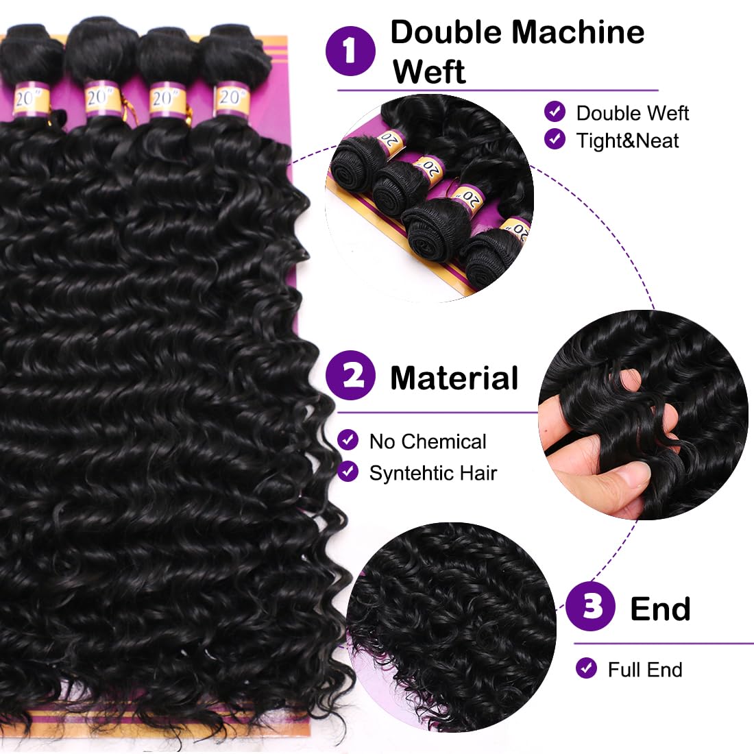 Deep Wave Bundles Synthetic Hair Quick Weave Bundle Curly High Temperature Fiber Hair Extensions for Women Black Color 20 Inches 4Pieces (Color 1B#)