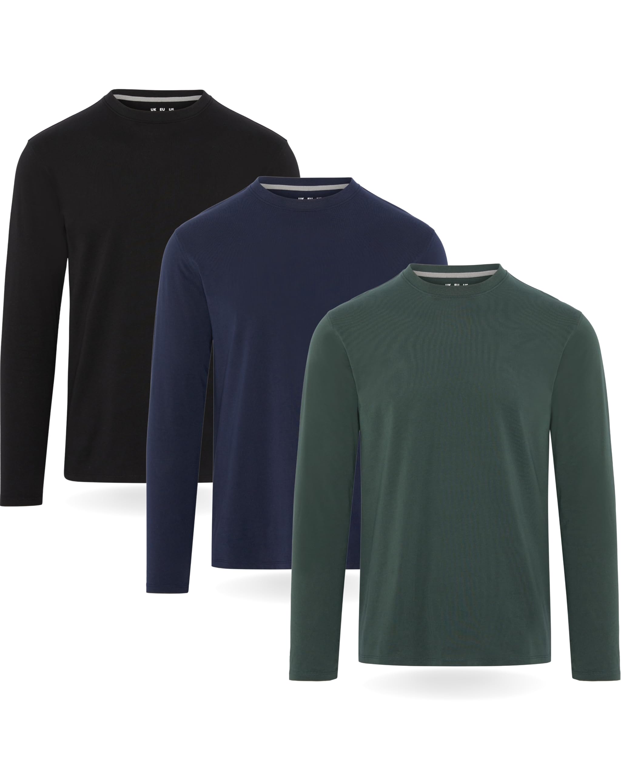 FM London Camiseta de Manga Larga Hombre, Pack de 3 - Camisetas para Hombre de Algodón Suave de Alto Gramaje, Corte Estilizado y Favorecedor, Cuello Redondo