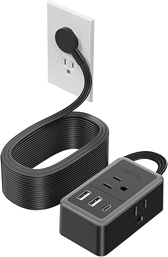 NTONPOWER 25 ft Extension Cord Flat Wall Plug with 3 Outlets 3 USB (1 USB C), Black Extension Cord for Home Office Dorm Room Essentials
