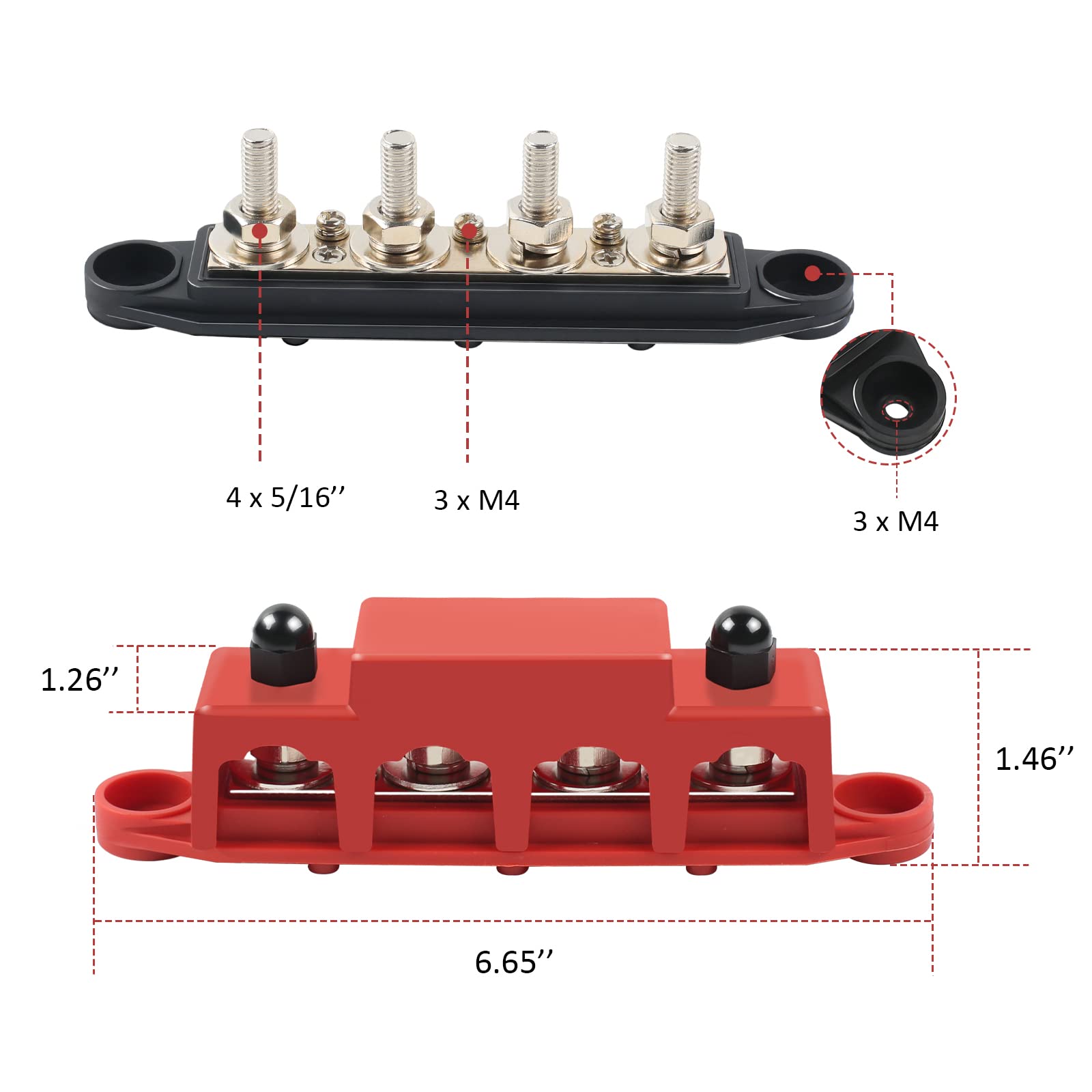 250 Amp Sammelschienen Verteilerblock, 4 x M8 BusBar Box, 12V-48V DC Klemmenbolzen Hochleistungsmodul, Stromverteilerblöcke für Auto RV Boat Yacht(Rot+Schwarz)