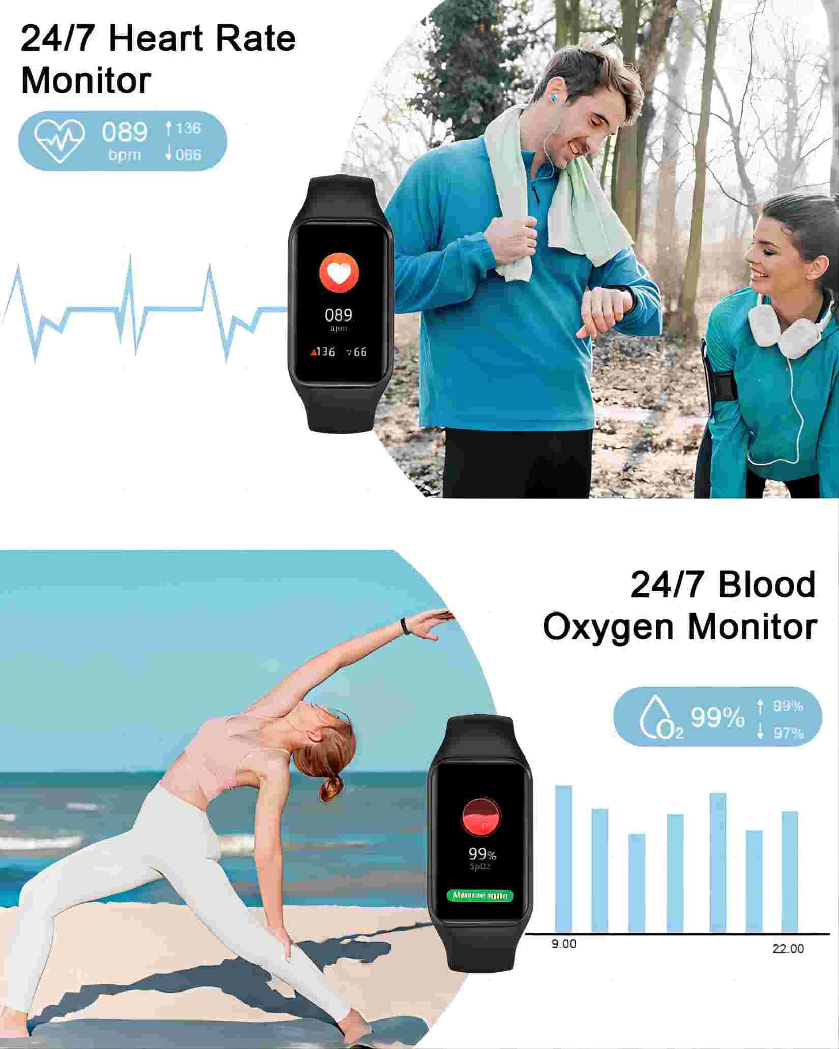 IOWODO Smartwatch Uomo Donna con Ossimetro (SpO2) Monitor Contapassi Frequenza Cardiaca Sonno Pedometro,Smart Watch con Notifica Messaggi(Esiste Un Solo Cinturino Nero)