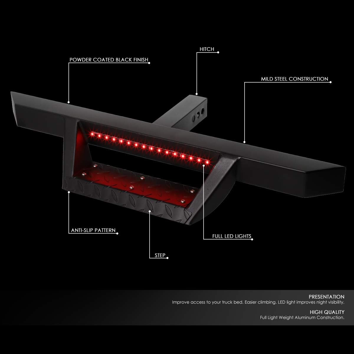 Auto Dynasty Universal 32.5 Inches Black Coated 2-Stage Tow Hitch Step Bar Board with LED Brake Light for 2 Inches Receiver Pickup Truck SUV Trailer