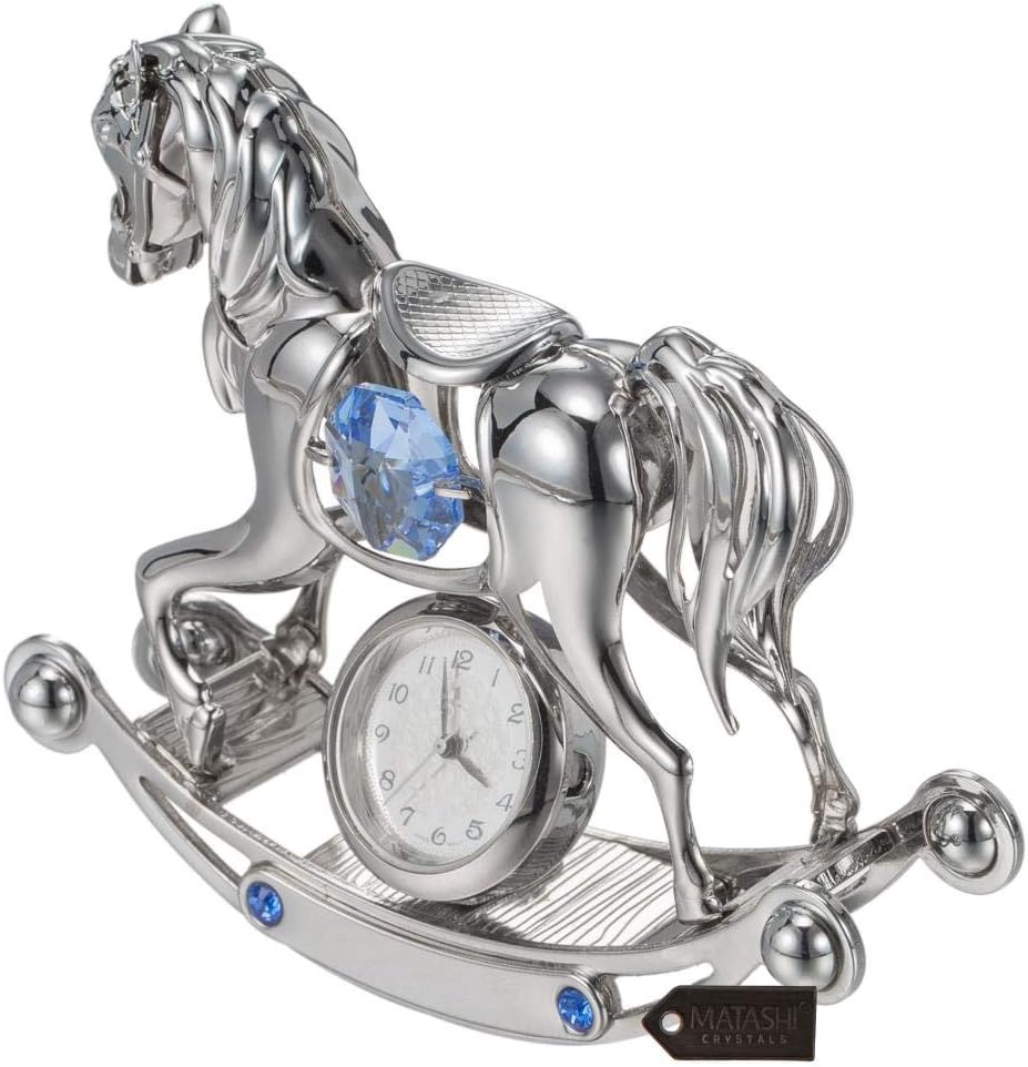Matashi Chrome Plated Crystal Studded Silver Rocking Horse Desk Clock – Unique Gift for Mom, Wife, Grandma, Daughter – Beautiful Mother’s Day, Anniversary, Birthday Present for Home, Bedroom, Office